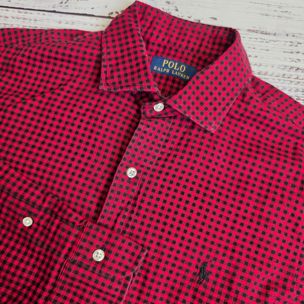 Polo Ralph Lauren Mens Medium Red Black Gingham Check Cotton Button Down Shirt